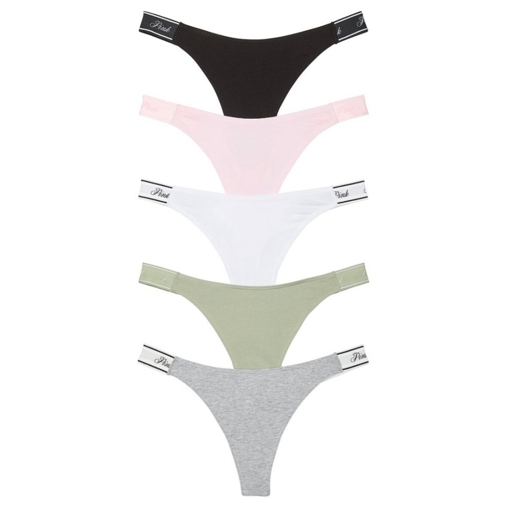 Pack of 5 Women's Cotton Thong Pack - Black, Pink, White, Sage, Gray